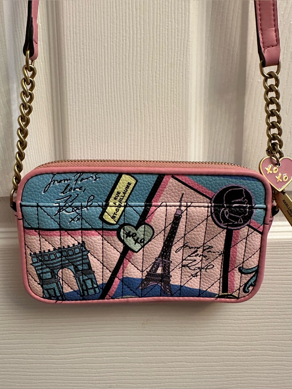 Karl Lagerfeld EUC Pink and Blue Paris Motif Crossbody Bag
